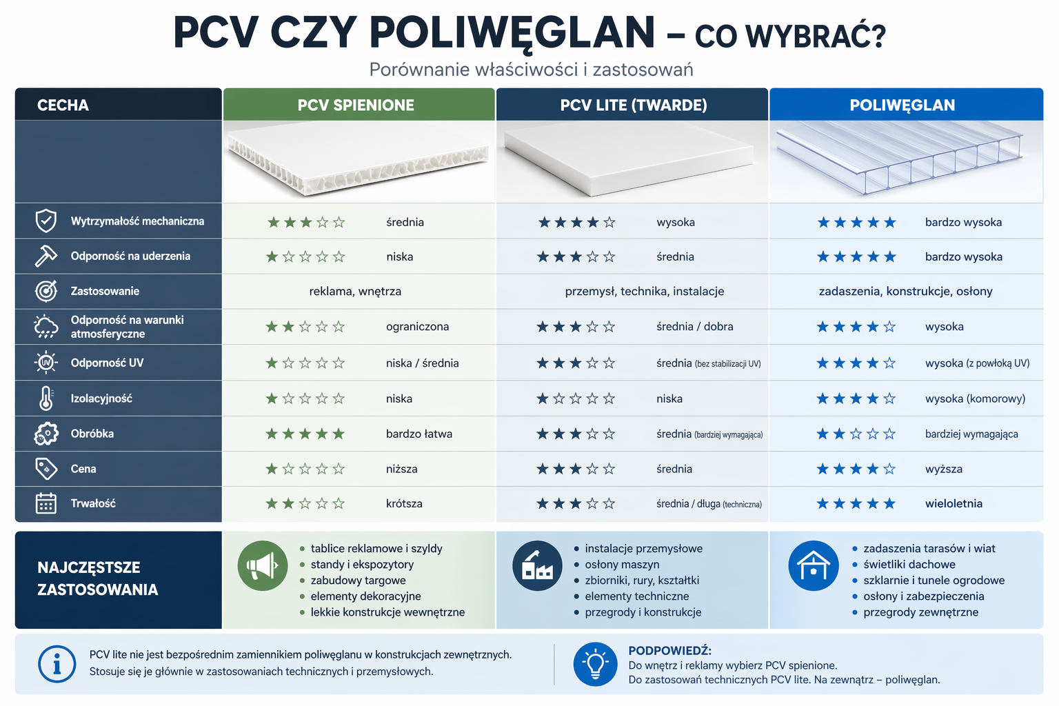 pcv czy poliwęglan - tabela